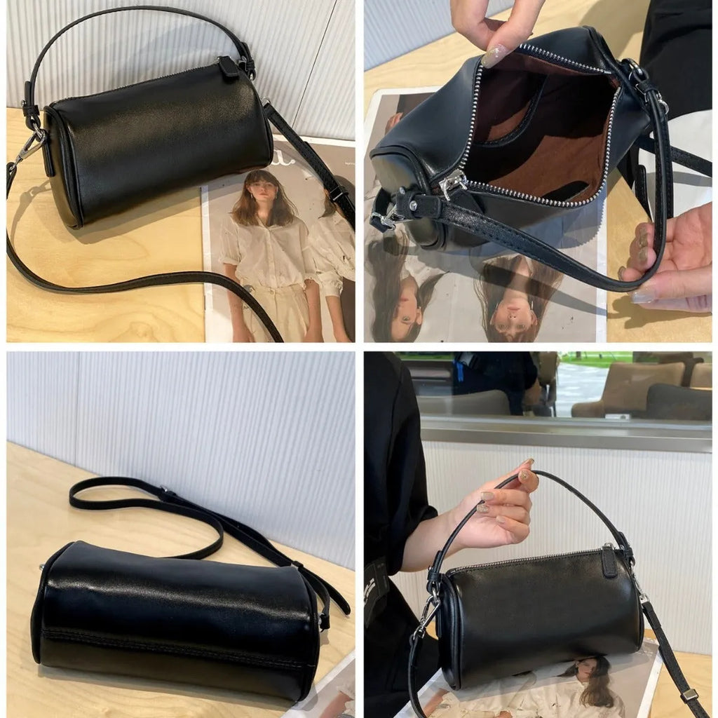 Genuine vegetable tanned leather crossbody phone bag with cylindrical shape and single shoulder strap