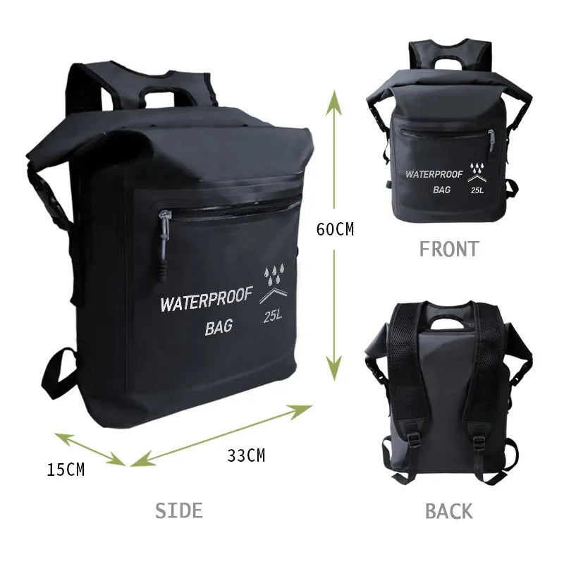 Black 25-litre waterproof backpack for swimming, river tracing and rafting