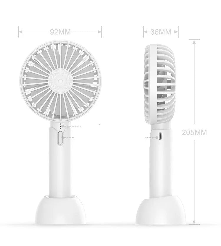 Blue portable USB handheld fan with three-speed control on desktop