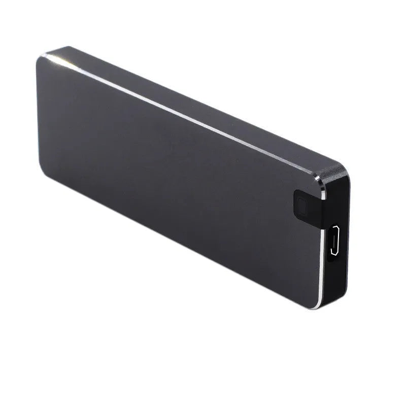 White mobile solid state hard disk with metal shell and USB cable showing compact 0.6cm × 3.2cm × 1cm dimensions