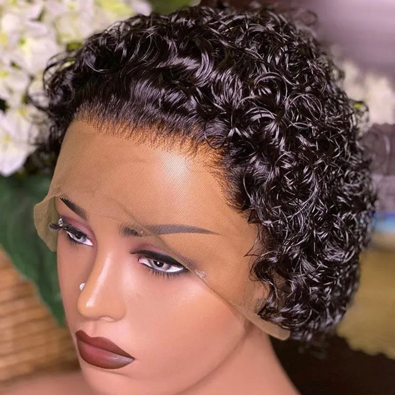 Black human hair wig with lace cover in pixie cut style, 13x1 colour