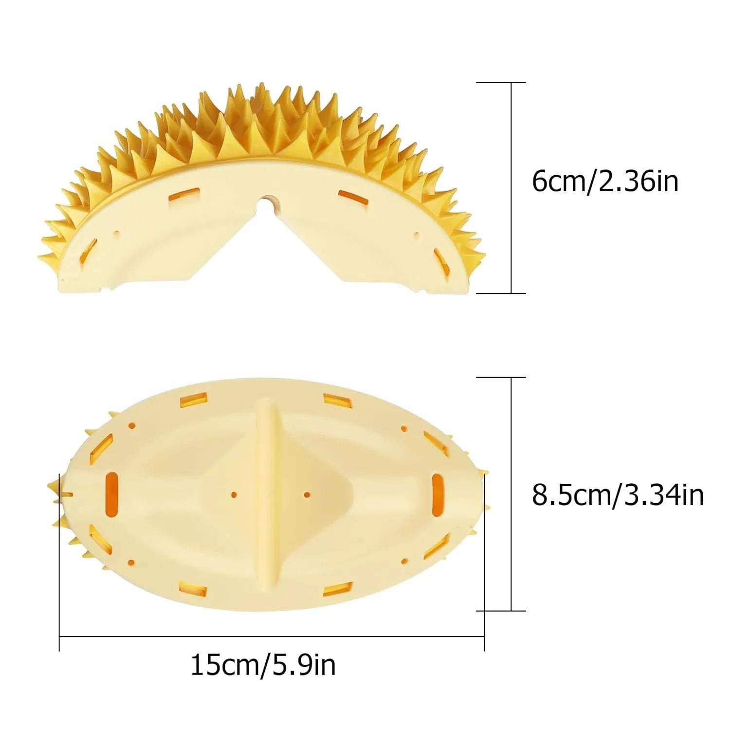 Yellow durian-shaped cat corner scratcher and groomer mounted on a wall