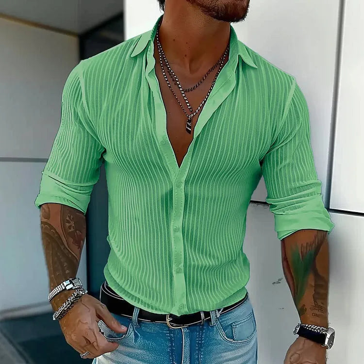 Men's striped British style cardigan shirt in pure colour polyester blend fabric with 3D pattern