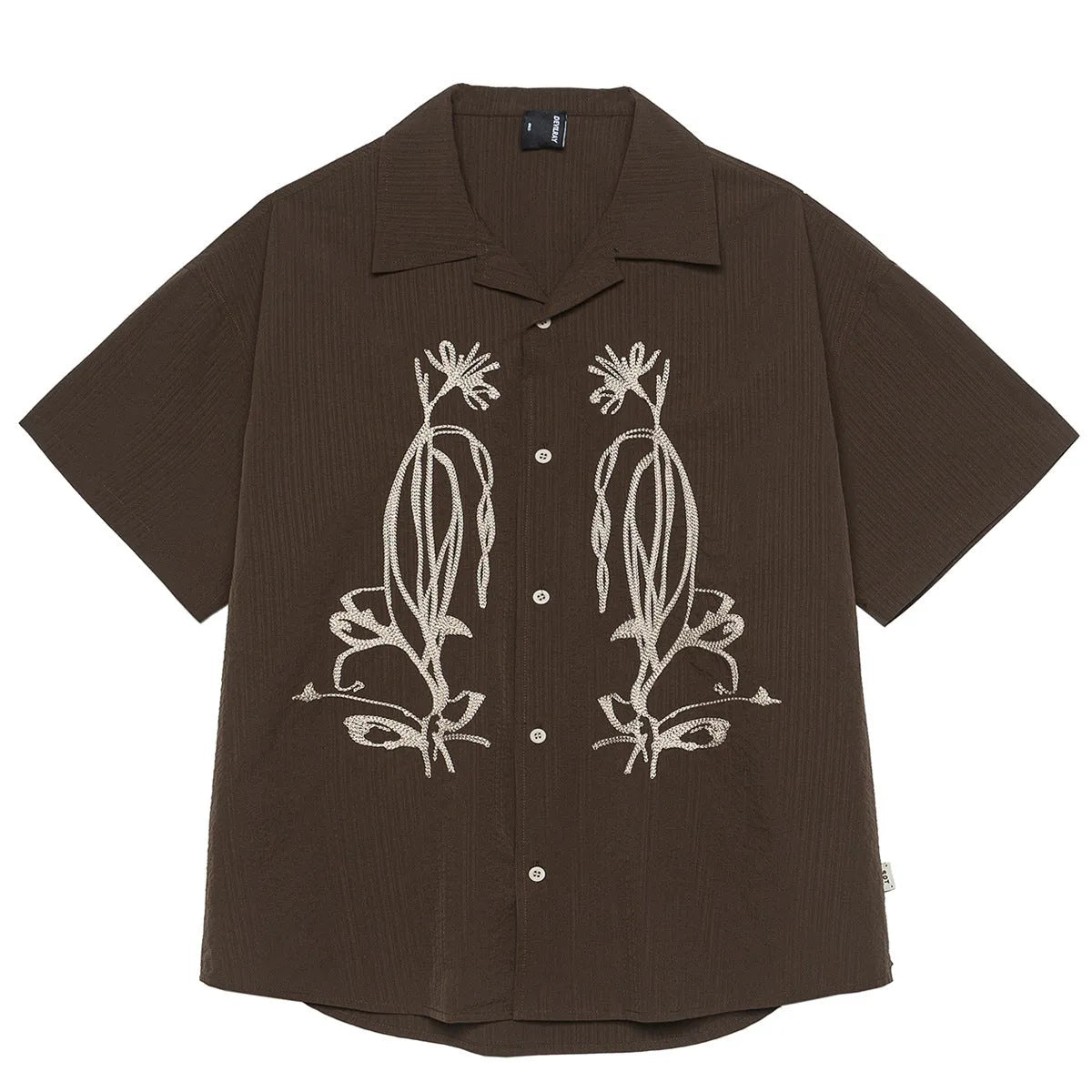 Brown striped Cuban collar short sleeve shirt for outdoor activities
