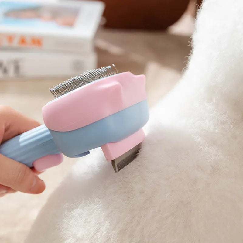 Blue and green dual-sided pet grooming brush showing deshedding rake and dematting comb.