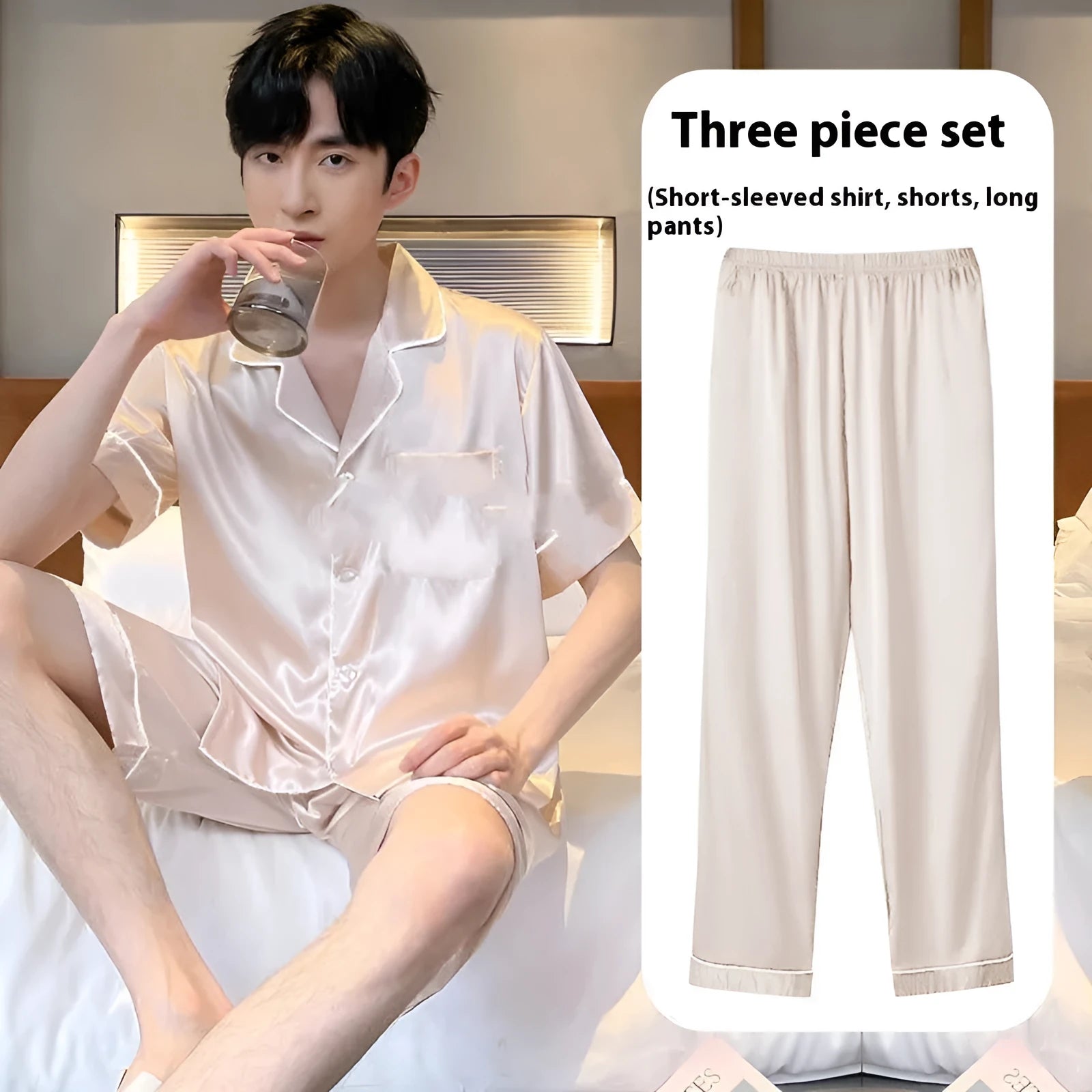 Men's ice silk three-piece loungewear set in multiple colours showing top, trousers, and shorts.