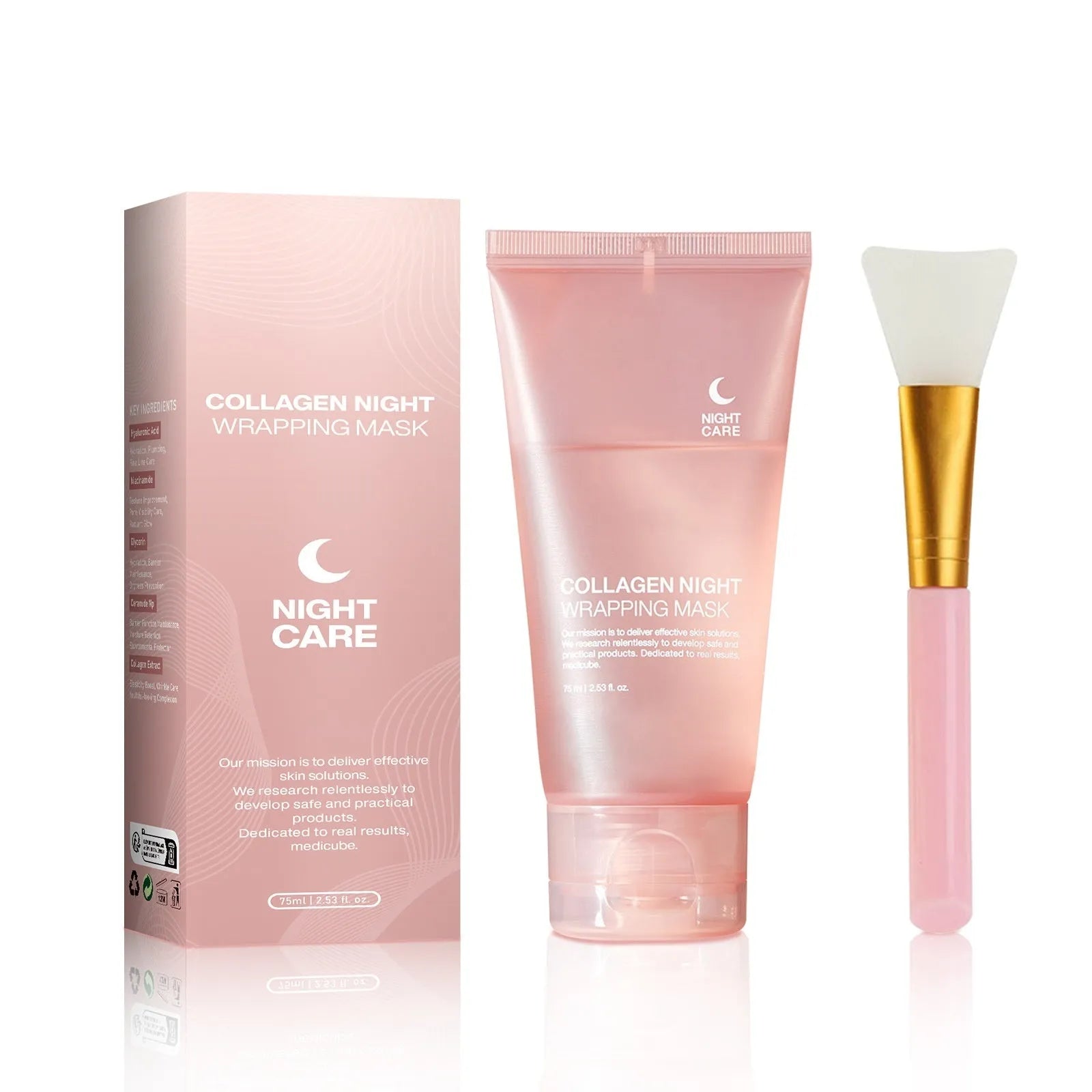 Collagen night mask 75ml bottle with application brush for firming elasticity skincare