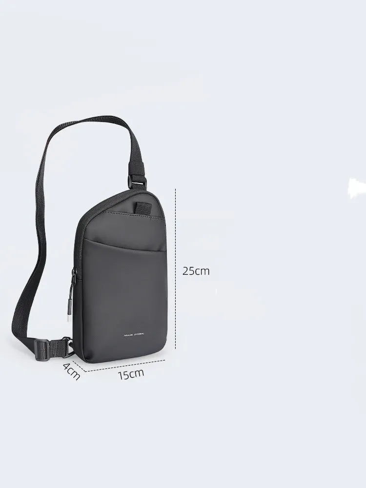 Men's lightweight black Oxford cloth crossbody bag with simple design and visible stitching.