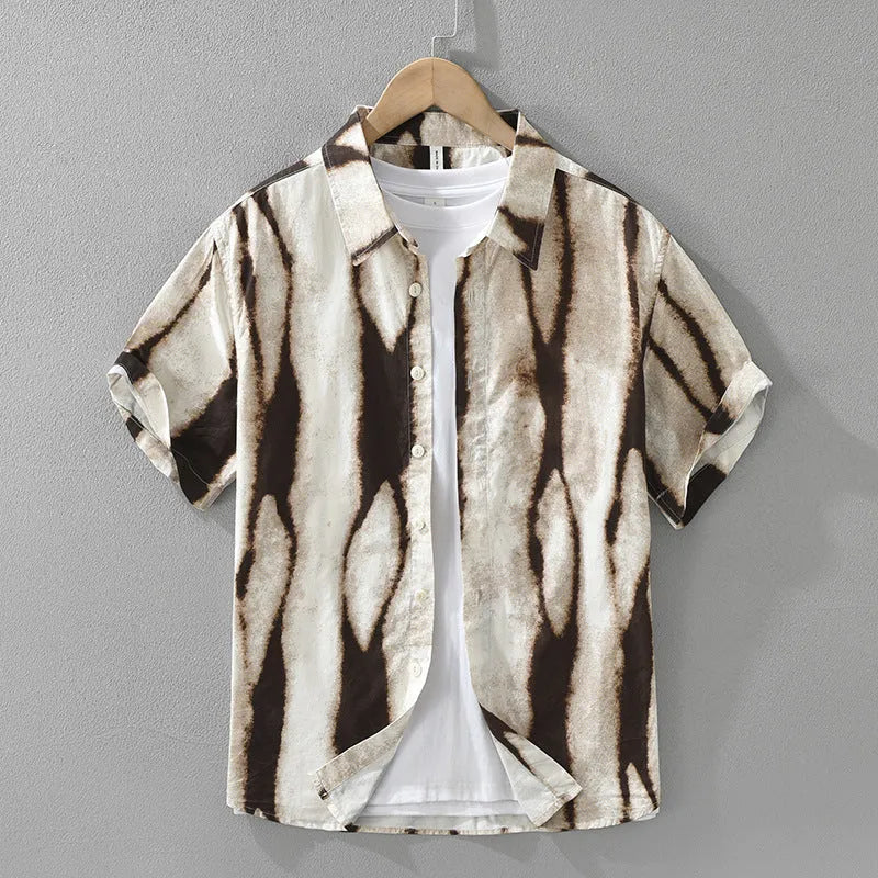 Men's retro striped short sleeve cotton shirt in black or brown with loose fit design