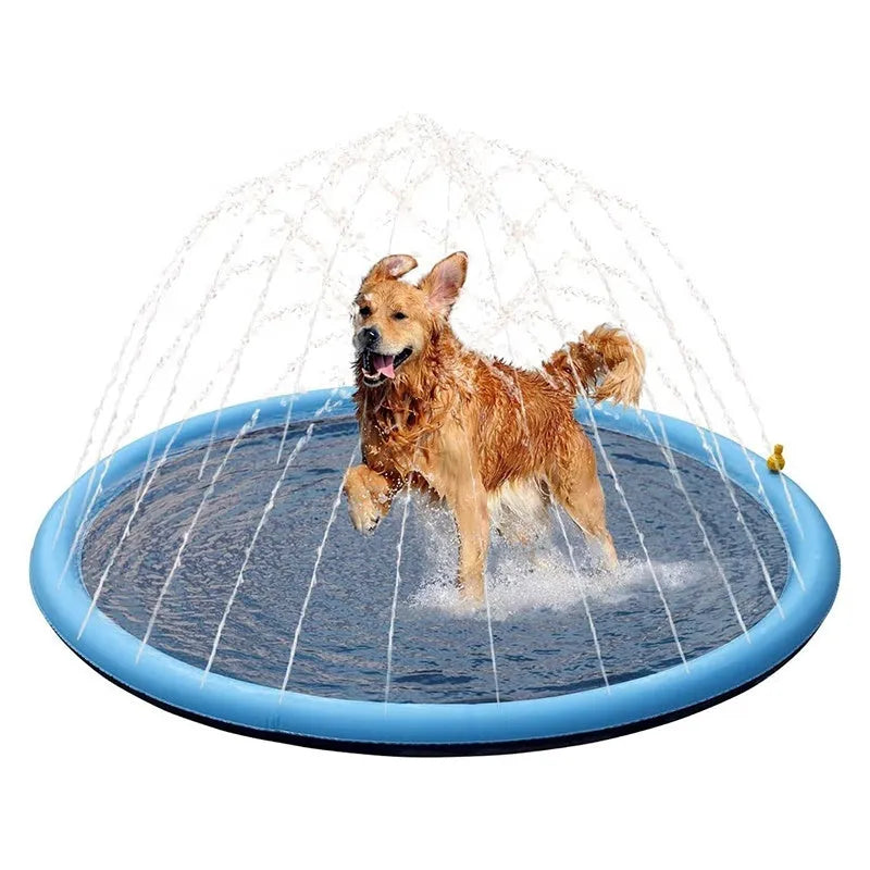 Large blue PVC dog splash pad with anti-slip texture for outdoor water play.