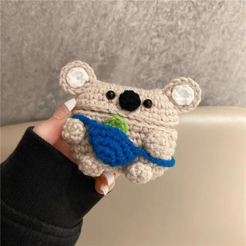 Handmade knitted koala bear backpack design protective case for AirPods charging case.