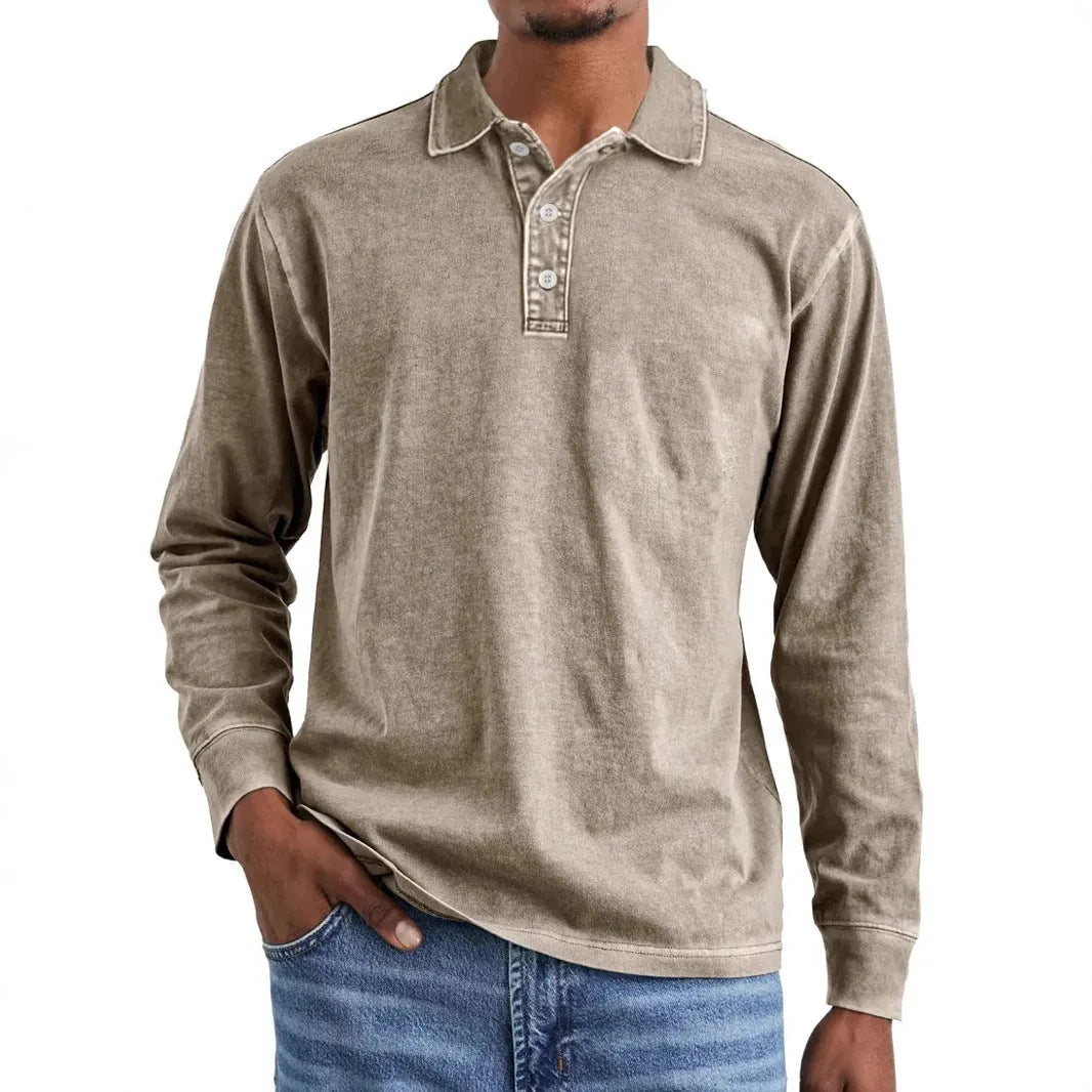 Retro washed distressed long sleeve polo shirt with lapel collar in Army Green
