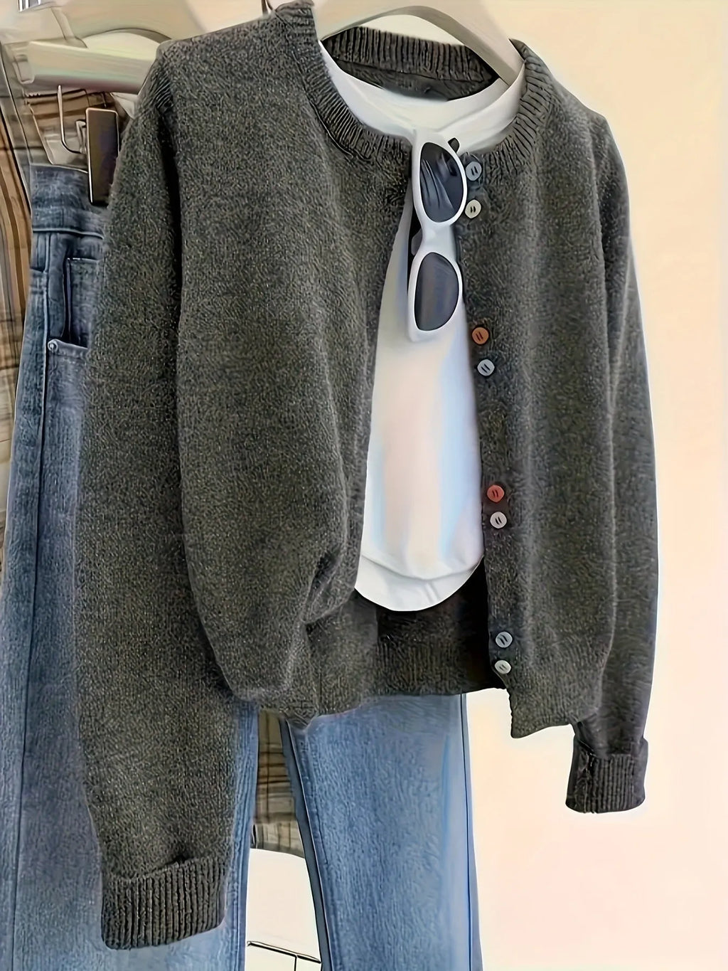 Dark grey women's cardigan sweater with button front, regular length, Asian sizing options