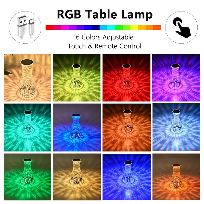 Transparent crystal vase shaped LED table lamp with remote control on a wooden bedside table.