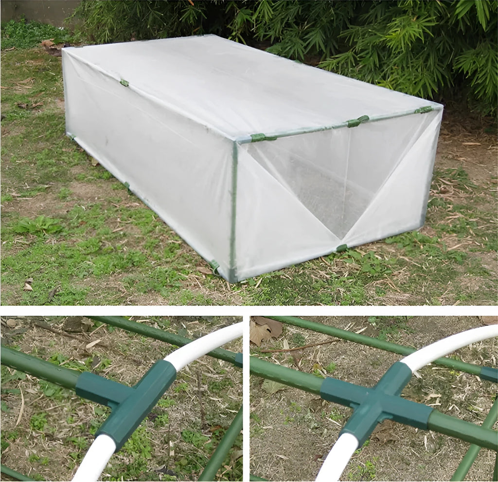 Two white plastic plant support connectors, one three-way and one four-way, for 11mm garden poles.