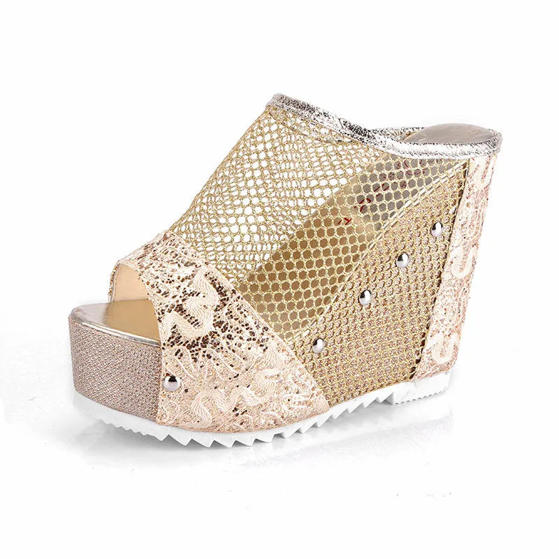 Korean platform sandals with hollowed-out heel design in black, mesh upper material