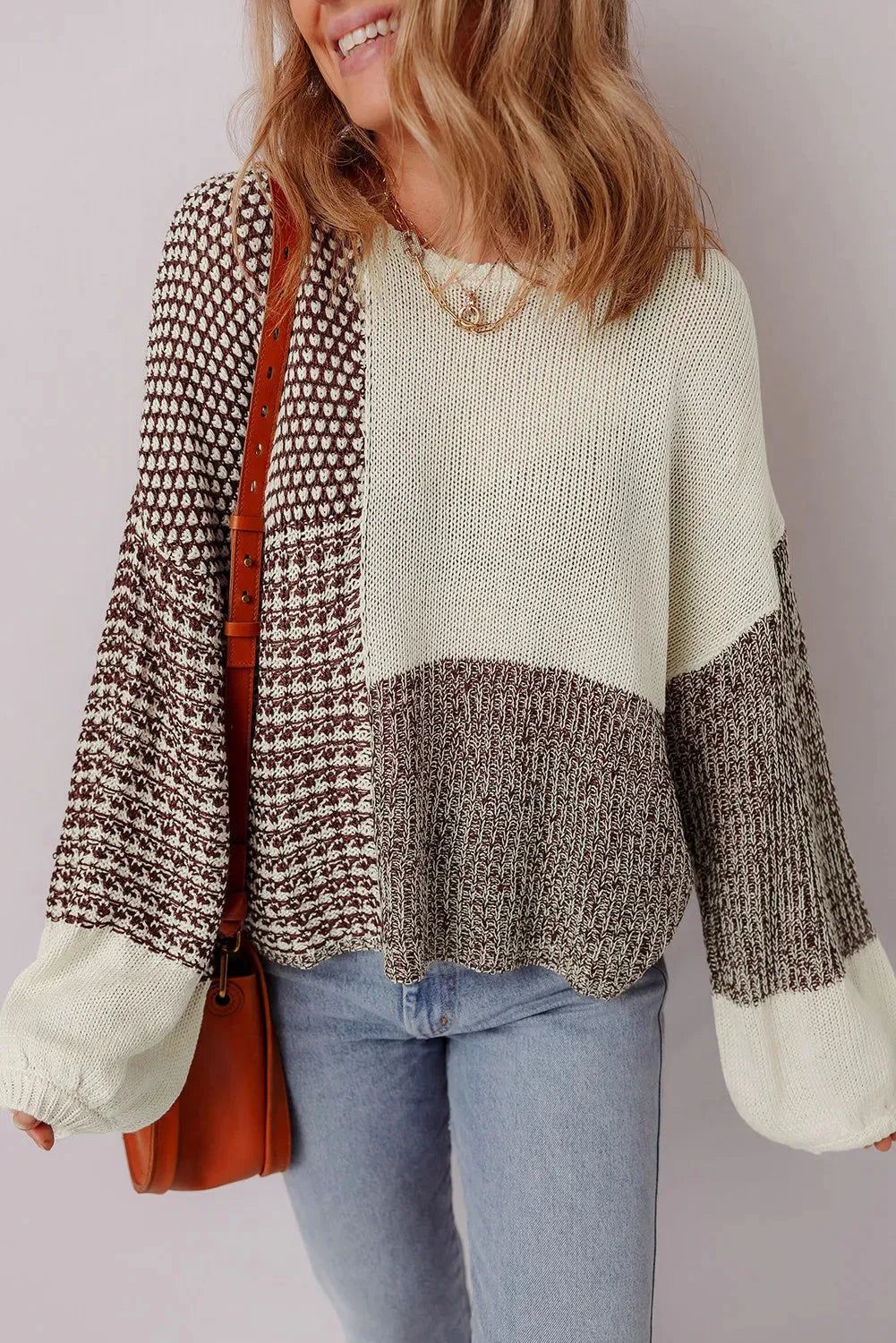 Dark khaki colour block drop shoulder loose sweater with long sleeves and a back tie detail
