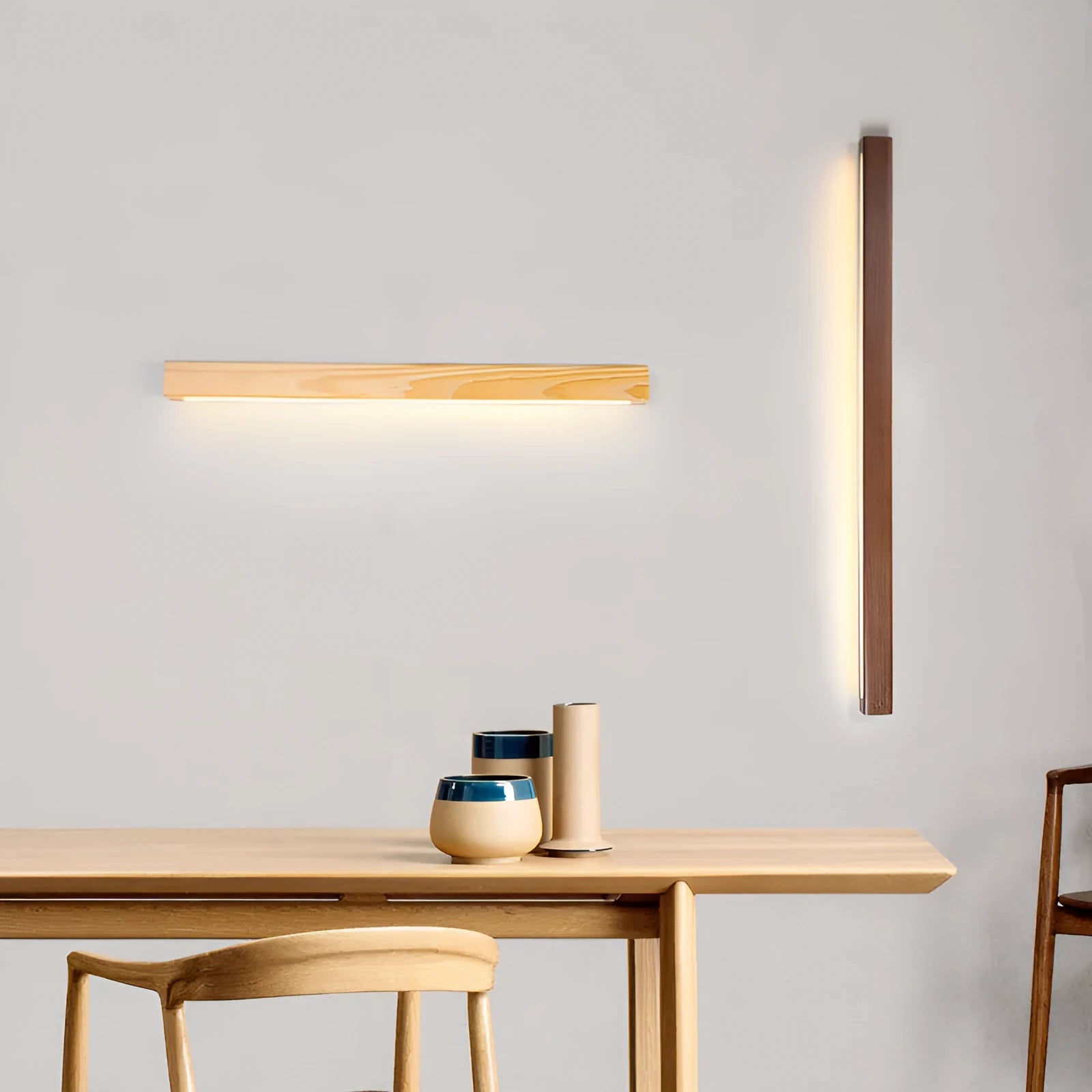 Modern walnut-colour wood and acrylic LED strip wall lamp in 60cm, 80cm or 120cm lengths.