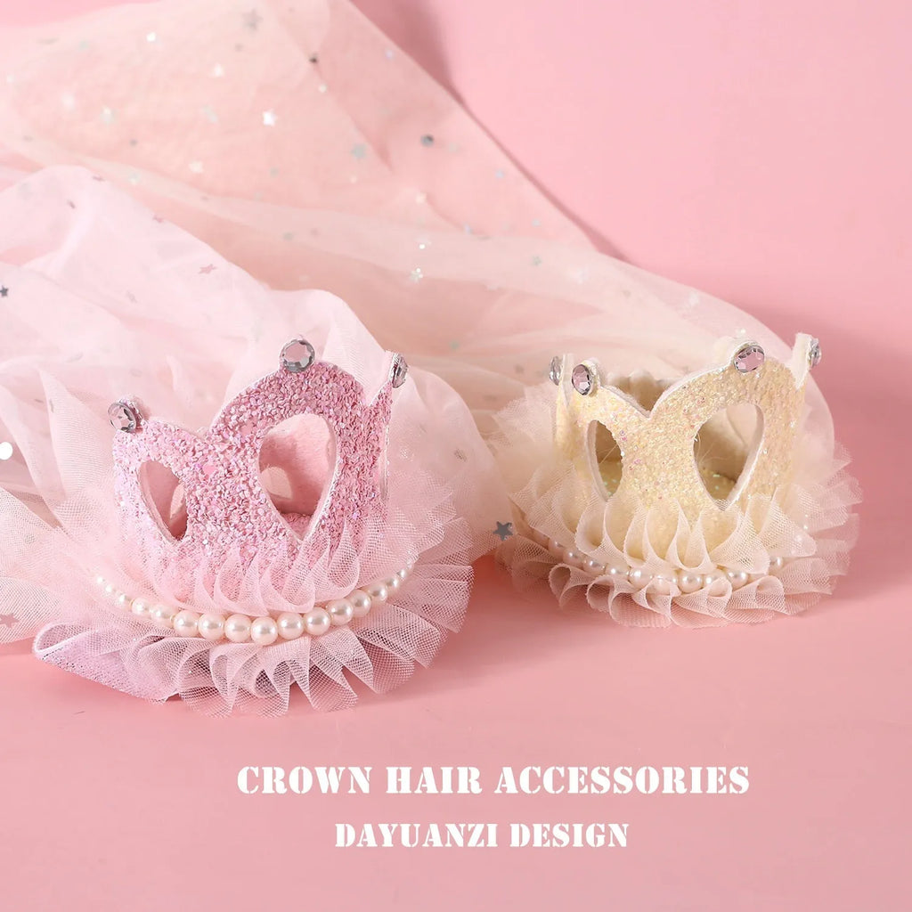 Pet cat wearing princess crown headdress with crown veil in beige colour option