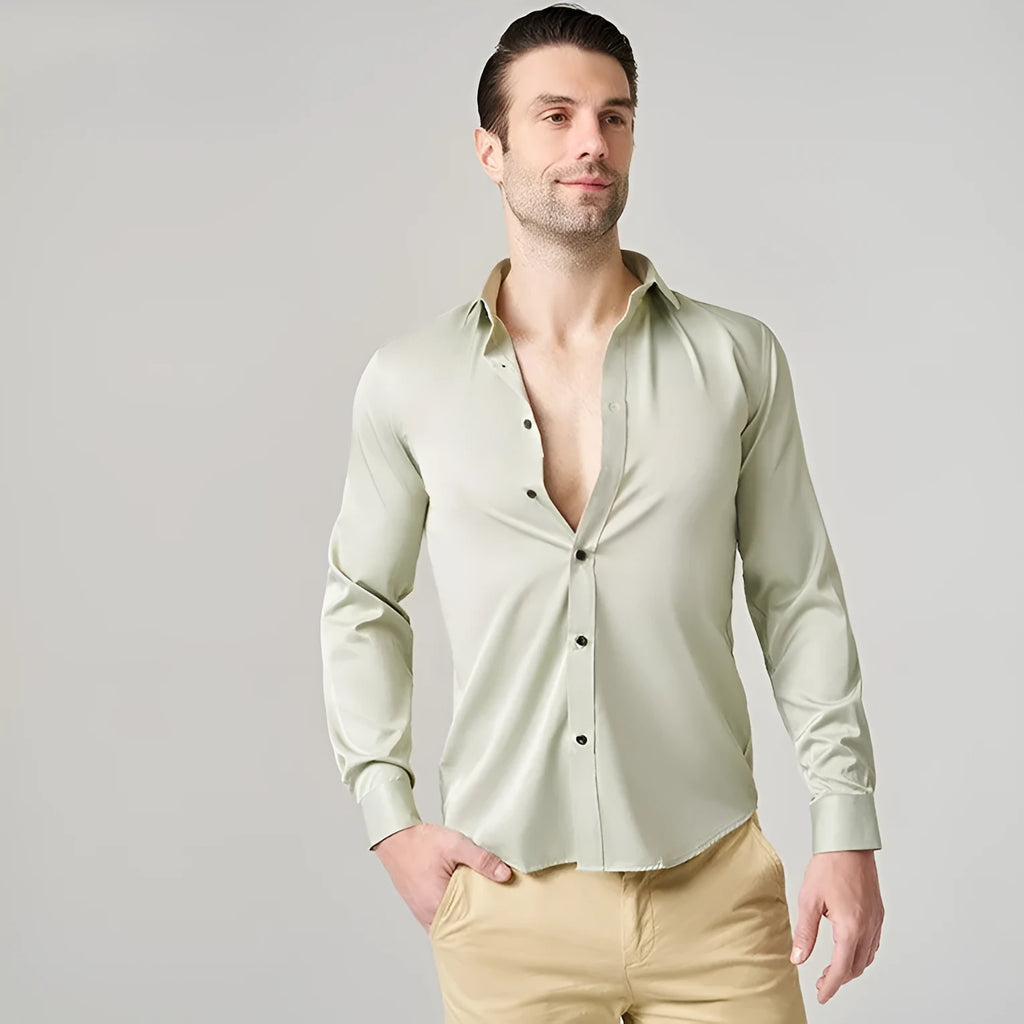 Men's long sleeve stretch work shirt in polyester fabric on a hanger
