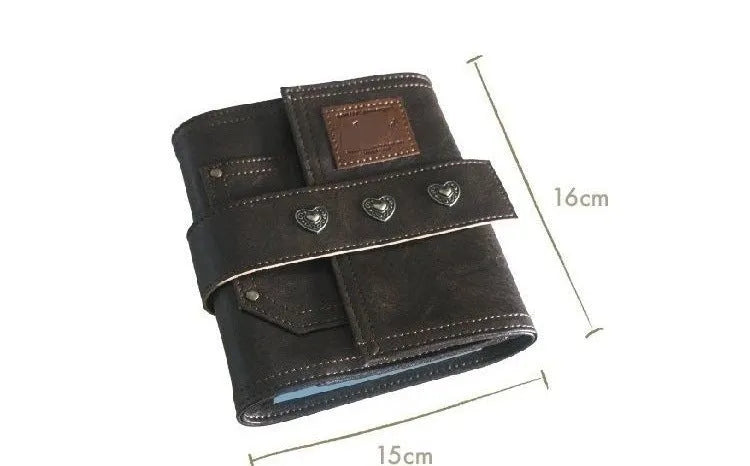 Brown retro leather-look PU cover A7 notebook with loose-leaf binder binding open on a desk.