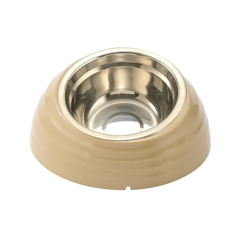 Stainless steel cat bowl in plastic base, available in light green, beige, and brown colours.