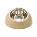 Stainless steel cat bowl in plastic base, available in light green, beige, and brown colours.