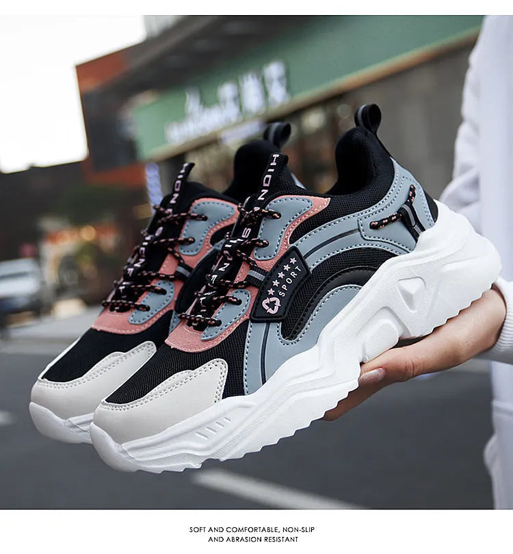 White women's casual sports shoes with mesh upper, PU sole, round toe, and ankle buckle.