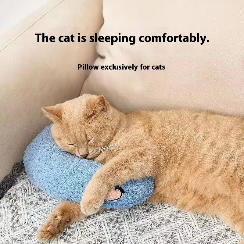 Blue U-shaped cat pillow with neck support in Question Mark style pet bed