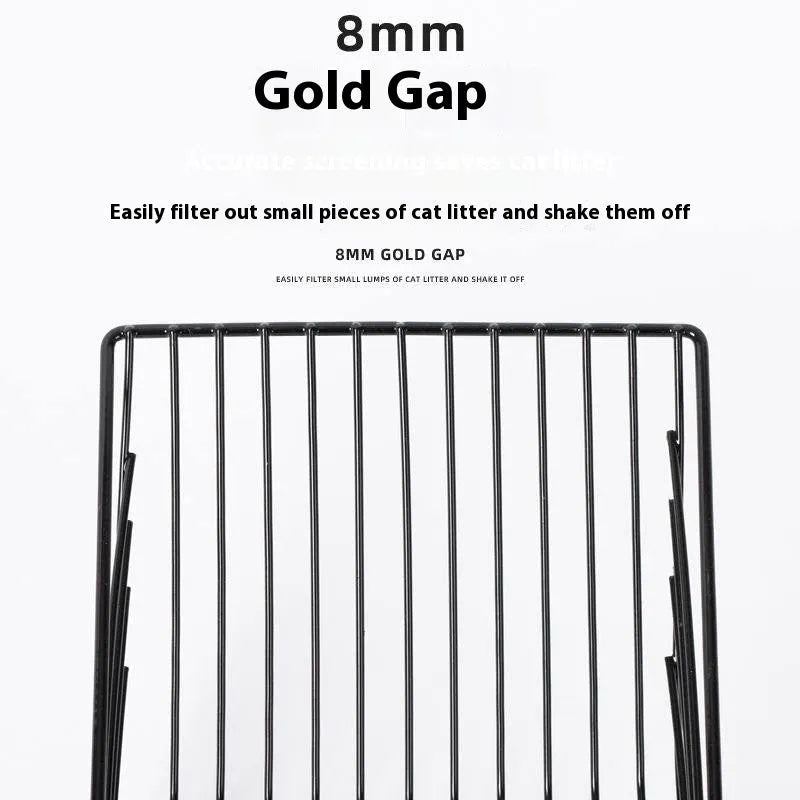 Black metal cat litter scoop with 0.8cm gap between tines for pet waste cleaning