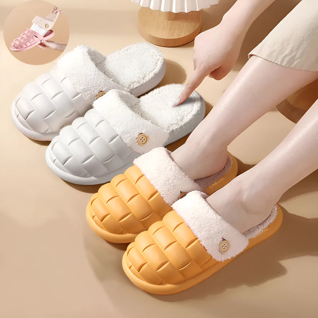 Plaid detachable slippers with plush lining and a textured EVA sole, shown in pink.