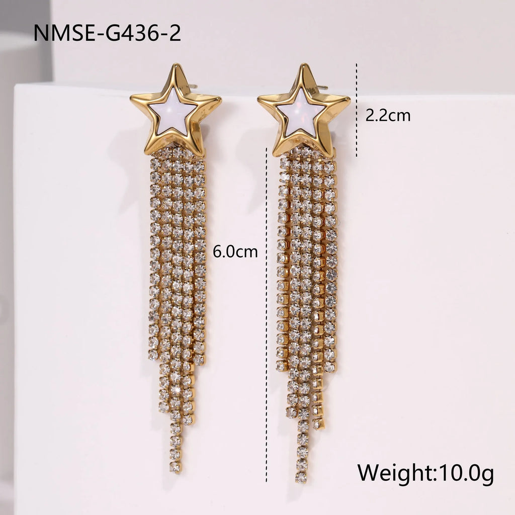 Diamond tassel love heart and star stainless steel earrings with 18K gold plating and geometric design