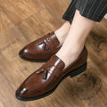 Men's black and brown tassel loafers slip-on business casual shoes with pointed toe and rubber sole