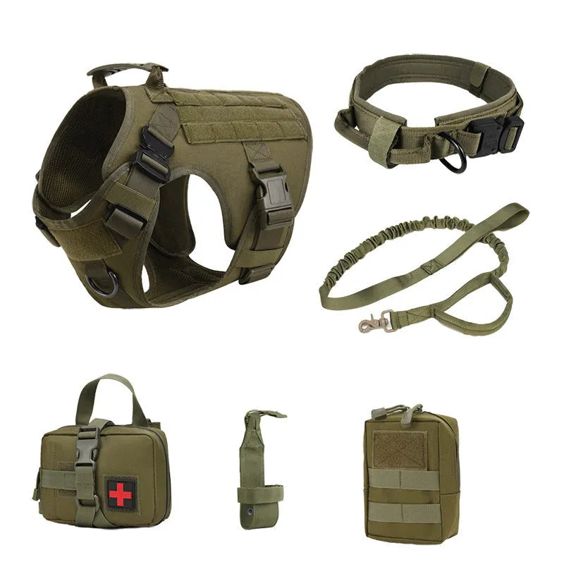 Dog wearing polyester combat training vest in camouflage pattern with lead attachments