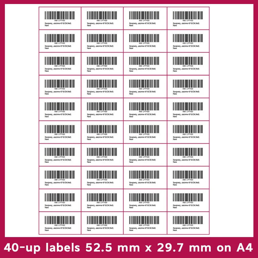 A4 sheet of blank FBA barcode paper labels with multiple grid sizes for Amazon shipping