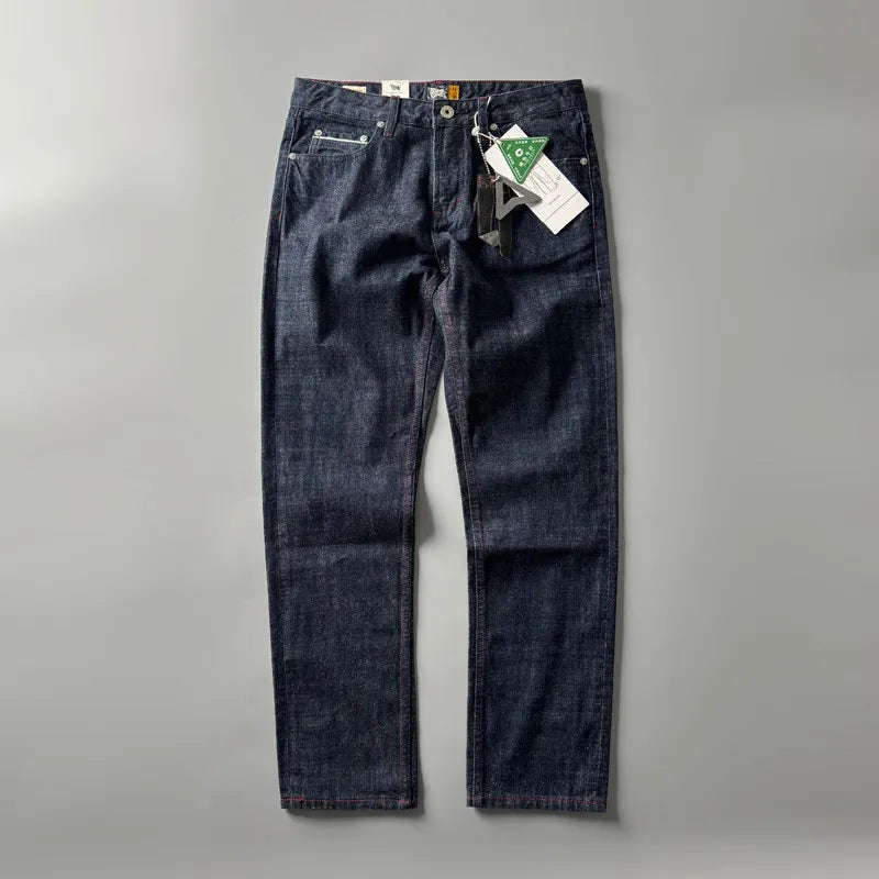 Men's straight leg denim jeans in primary colour with mid-rise waist and classic retro styling