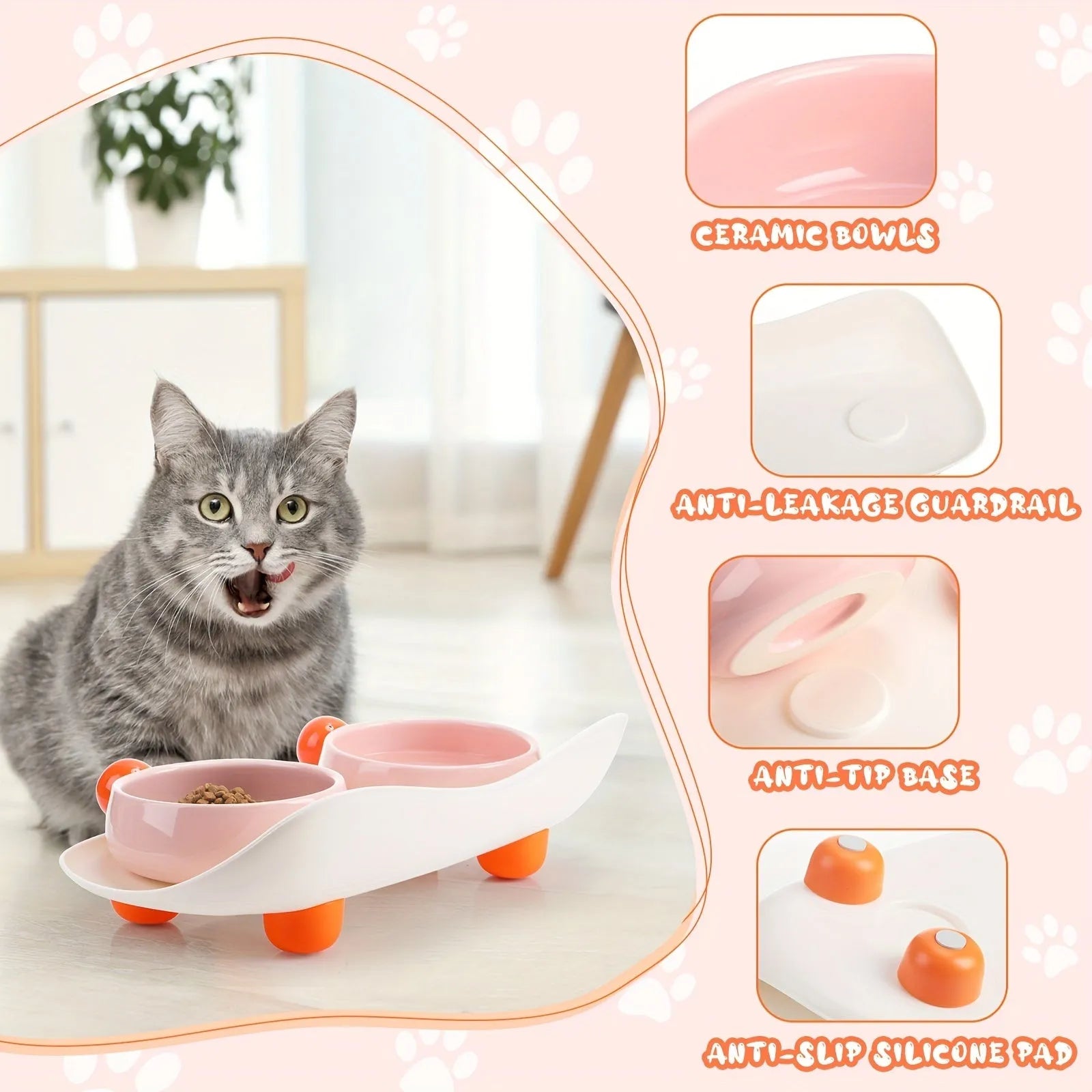 Elevated ceramic pet feeder with two bowls and non-slip base in pink, for cats and small dogs.
