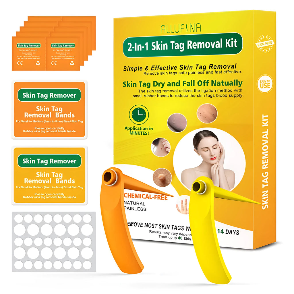 Orange yellow wart removal tool kit with devices, rubber rings, alcohol swabs, and accessories