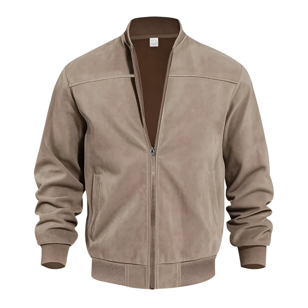 Men's plus size Army Green suede zip-up casual jacket on a hanger.