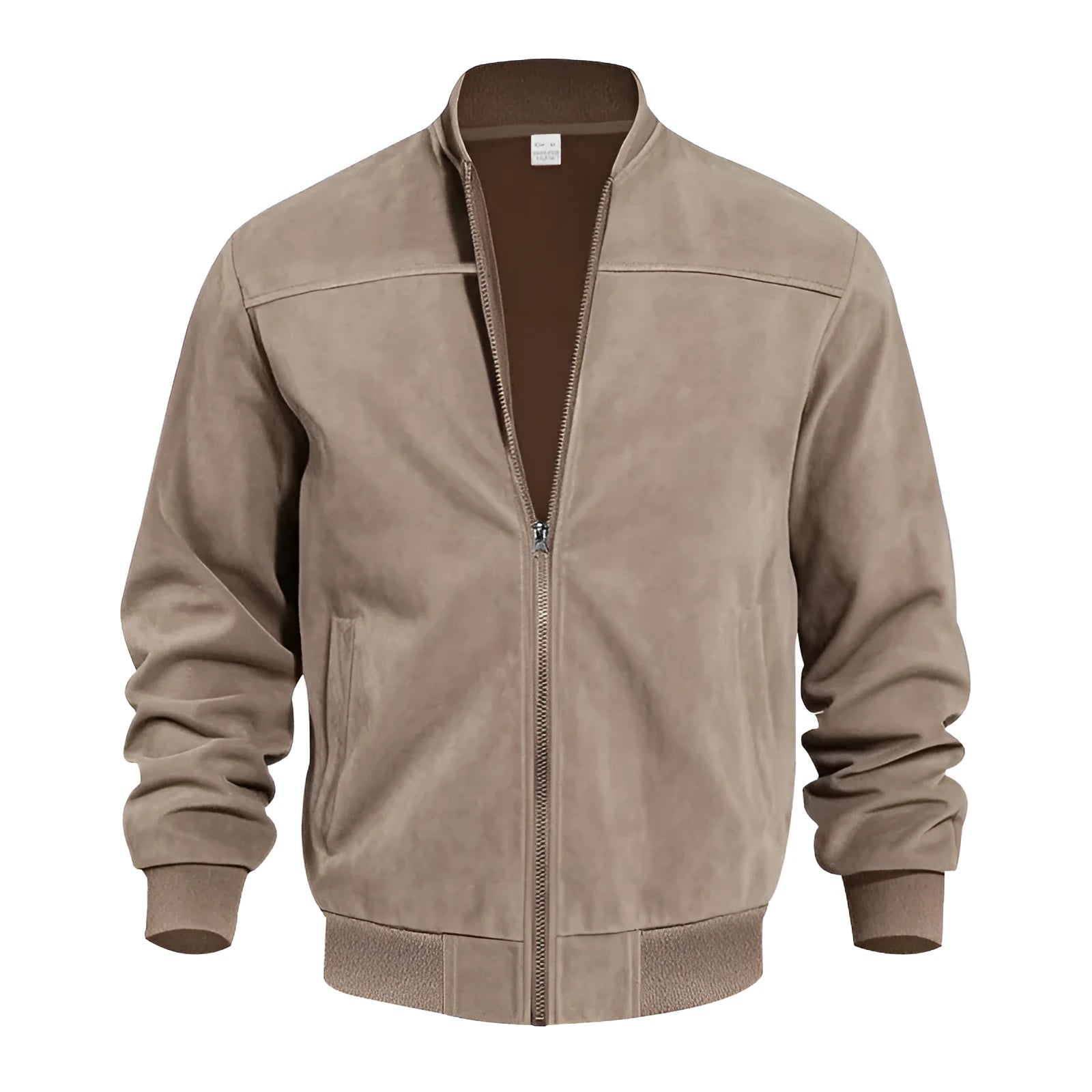 Men's plus size Army Green suede zip-up casual jacket on a hanger.