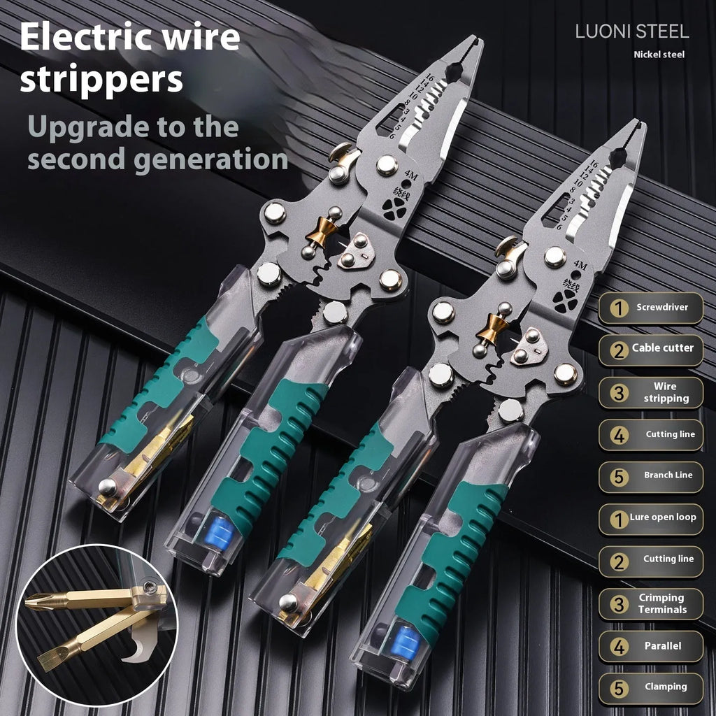 8.8-inch black handled electricians' pointed pliers with integrated wire stripper jaws