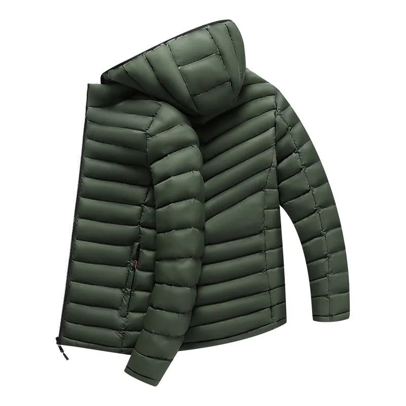 Man wearing a solid colour lightweight hooded down jacket with a detachable collar and zipper pockets.
