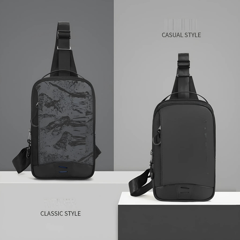 Casual black camouflage pattern chest bag with a shoulder strap, shown in a square vertical shape.