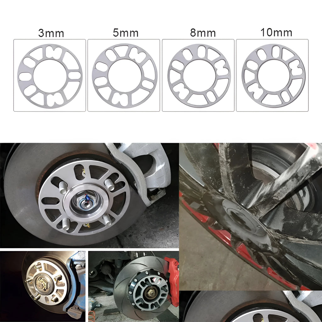 Hub centric wheel spacer kit for automotive modification in various thicknesses on a workshop bench.