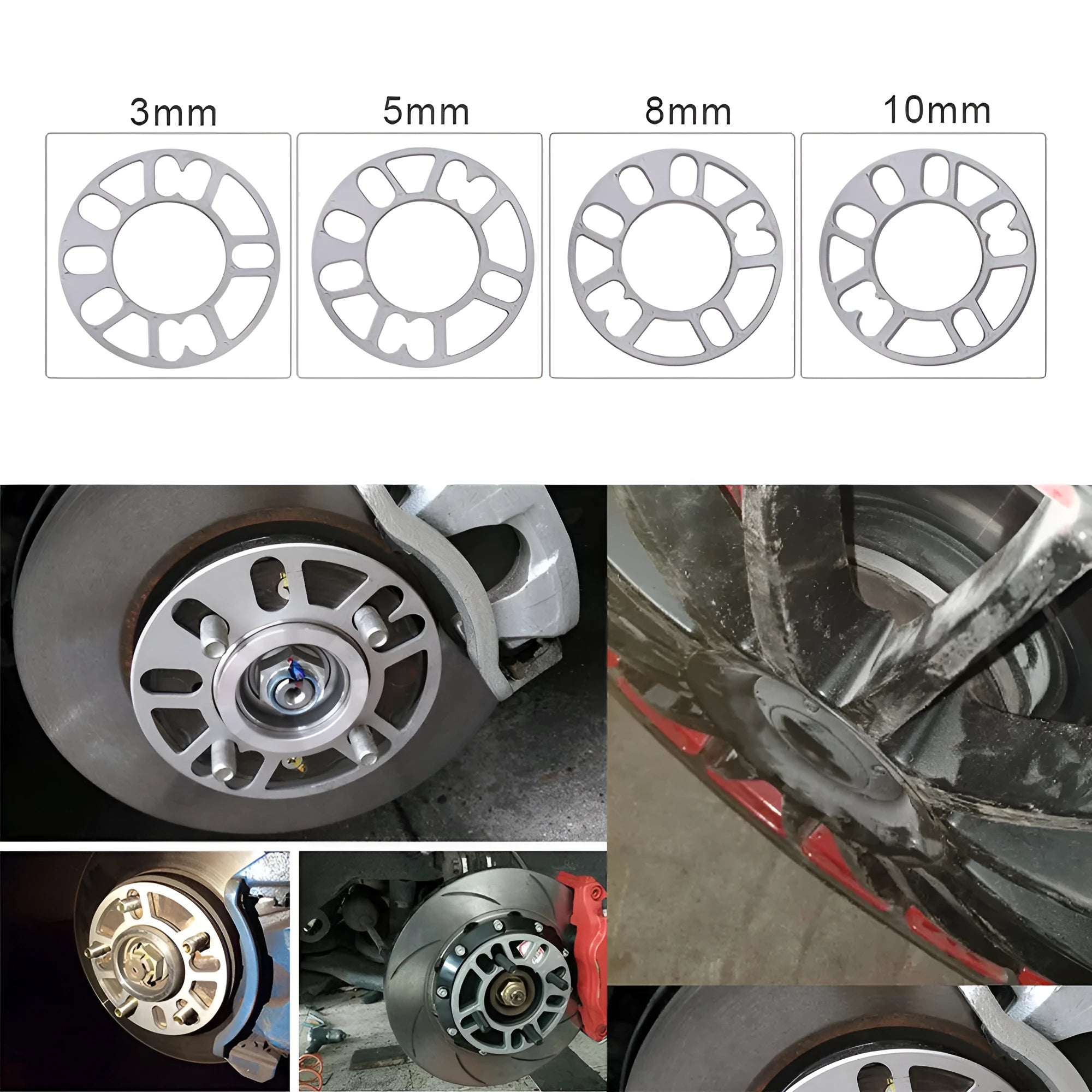 Hub centric wheel spacer kit for automotive modification in various thicknesses on a workshop bench.