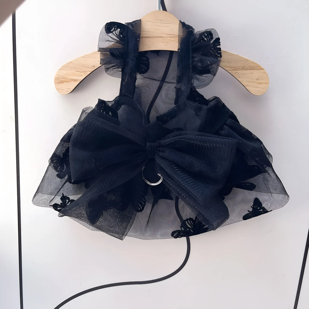 Black polyester tulle princess skirt for small dogs or cats shown on size chart