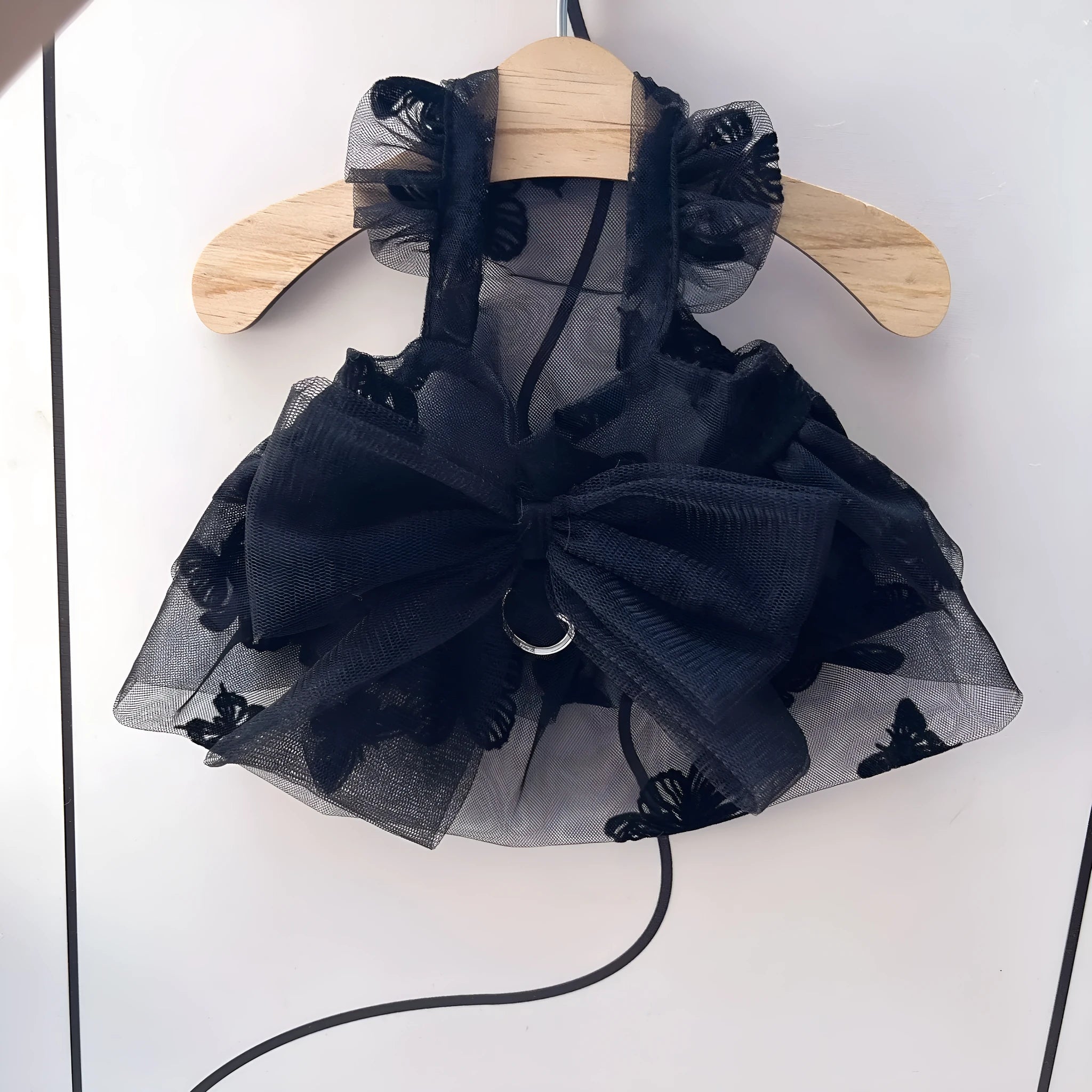Black polyester tulle princess skirt for small dogs or cats shown on size chart