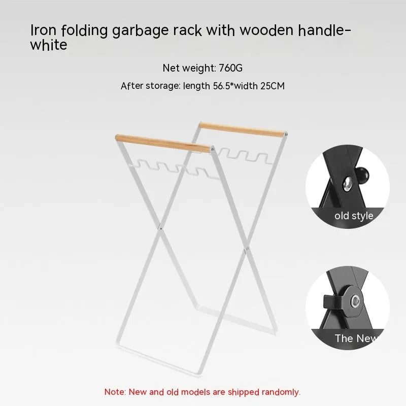 Black iron garbage storage hanger with wooden handle mounted on wall holding bin