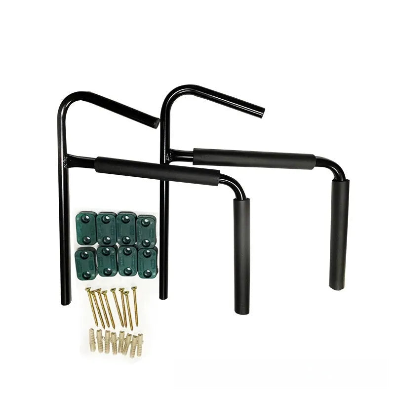 Carbon steel kayak and surfboard wall storage rack mounted on a wall