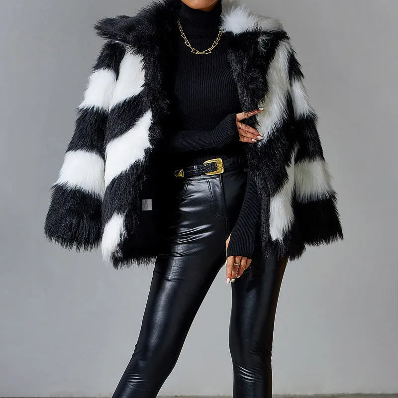 Women's faux fur coat with lapel contrast colour and fur collar in normal 50cm length